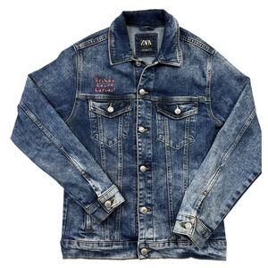 Zara‎ Graffiti Grunge Denim Jacket Men's Small "Broken Heart Heroes" Nice!